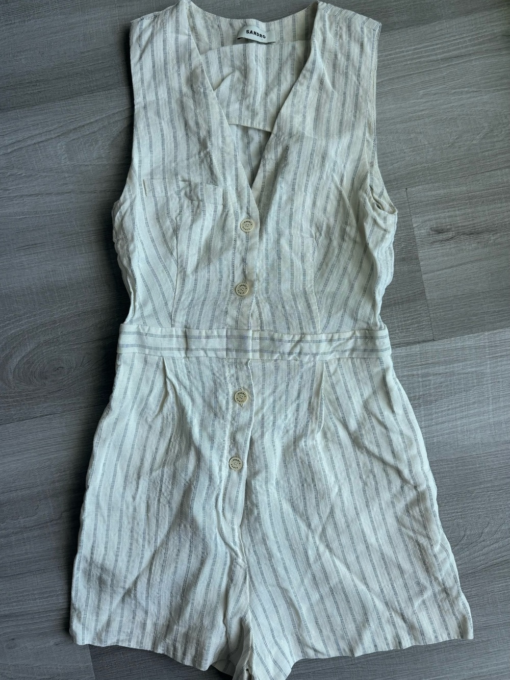 Sandro Cream and Light Gray Striped Sleeveless Romper